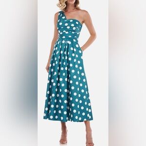 NWT Kay Unger VICTOIRE One Shoulder Sweetheart Polka Dot Cocktail Dress 14